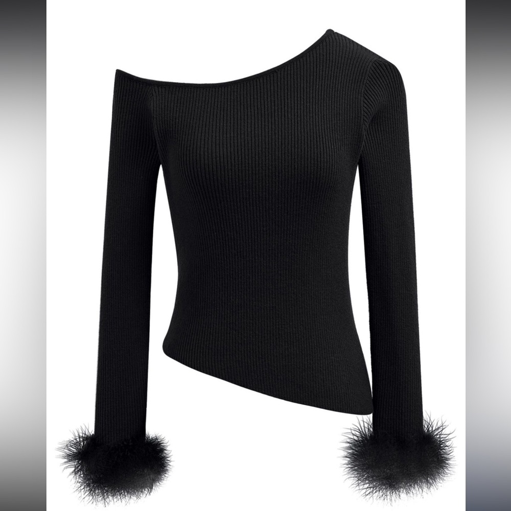 One-Shoulder Feathered Cuffs Knit Top Black Size Medium